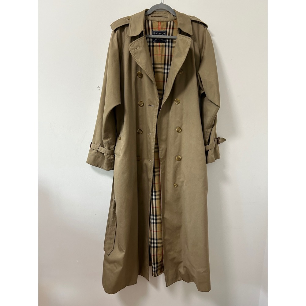 Burberrys Nova Check Double Breasted Trench Coat Mens 40R Tan Khaki England